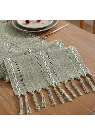 Gri Rustik Masa Koşucular, El Yapımı Püsküllü, Vintage Dokuma Pamuk Keten Masa Koşucu Uzun Parti Yemek Masası Dekorasyonu İçin 33 220