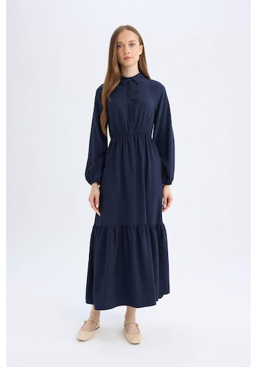 Defacto Gömlek Yaka Basic Düz Düğmeli Beli Büzgülü Uzun Kollu Maxi Lacivert Elbise D5851AX24AUNV31 Lacivert
