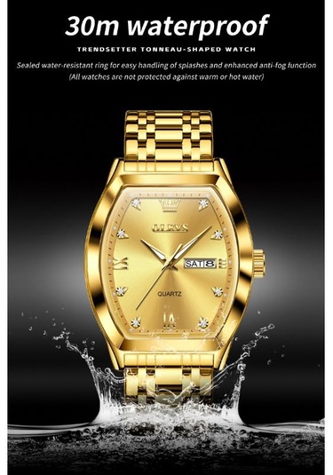 Olevs Top Marka Erkek Kuvars Saat Lüks Elmas Şık Paslanmaz Çelik Tonneau Kadran Su Geçirmez Işıldayan Erkek Kol Saati Altın - Siyah