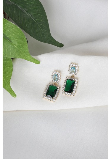 Mrs Flower Yeşil Taşlı Çelik Küpe Çok Renkli