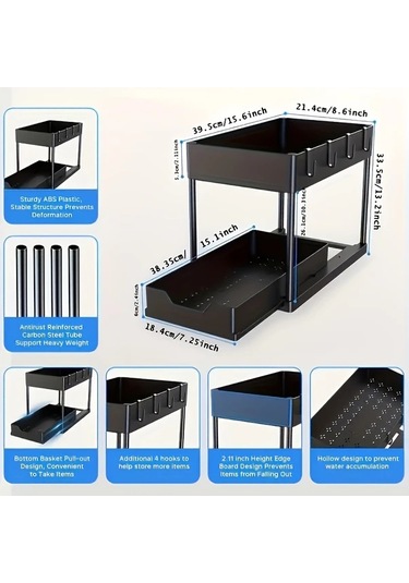 Honeybeeshop Beyaz 2 Katlı Kayar Lavabo Altı Organizatörü Dayanıklı Plastik Mutfak Dolabı Sepeti Temizlik Malzemeleri Ve Bulaşık Yıkama Araçları İçin Beyaz