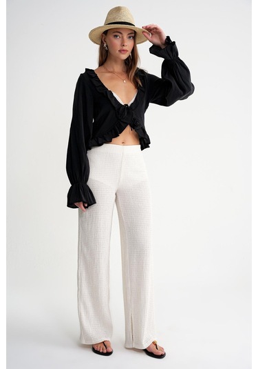 4712 Kadın Volanlı Modal Bolero Bluz Siyah Siyah