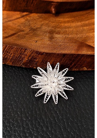 Gümüş Broş El İşi Beyaz Telkari Bayan Taşsız Yaka İğnesi Brs-150 Gümüş