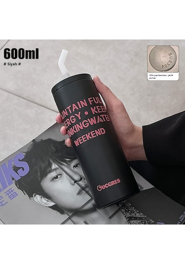 Velvettides Sınır Ötesi Siyah Toz Çift Yüksek Değerli Termos Bardak Basit Paslanmaz Çelik Taşınabilir Pipet Bardak Yazdırılabilir Logo Su Bardağı Toptan Gelgit Serin Siyah 650ml Yarı Saydam Pipet Ağız