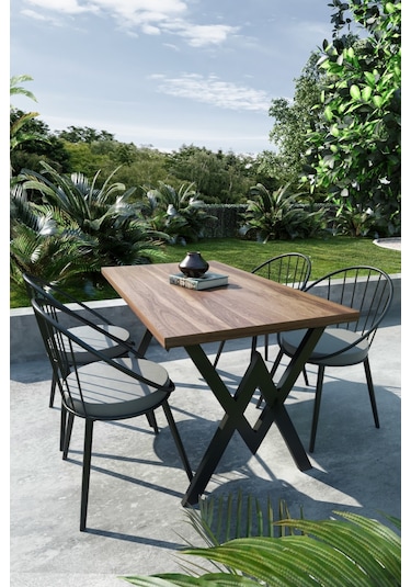 Evdemo Eylül 4 Kişilik Balkon Bahçe Masa Takımı Ceviz - Gri