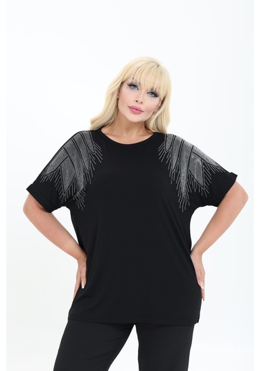 Bambu Bluz Yarasa Kol Taş Detaylı M-6xl Siyah