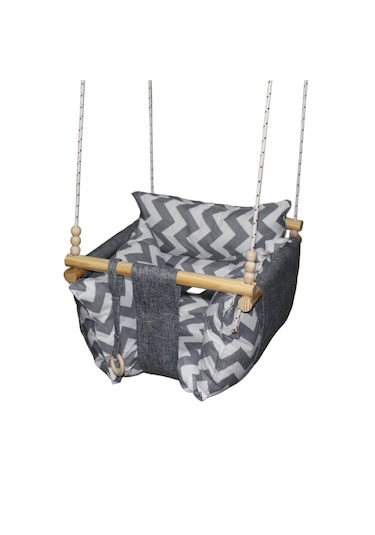 Ahşap Çocuk & Bebek Salıncağı Gri Renk Minder Yastık Ve Diş Halkalı Tavan Salıncak
