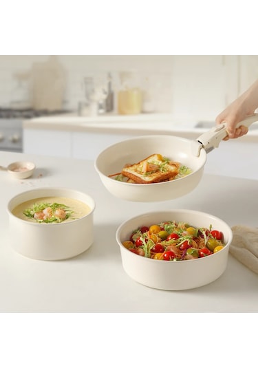 Kapris Beta 15 Parça Seramik Döküm Tencere Tava Seti Beige Bej