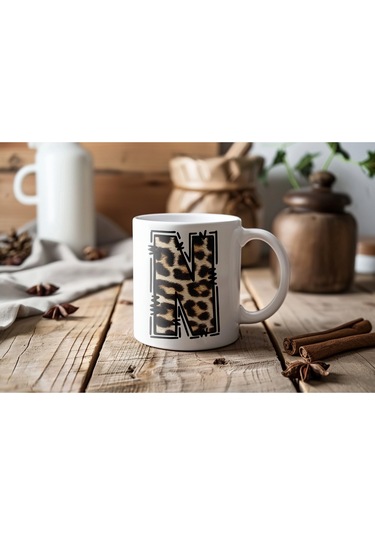 N Baş Harf Leopar Desenli Kupa Bardak - Kişiye Özel Feminen Konsept Hediye - Vahşi Hayvan Desenli Beyaz