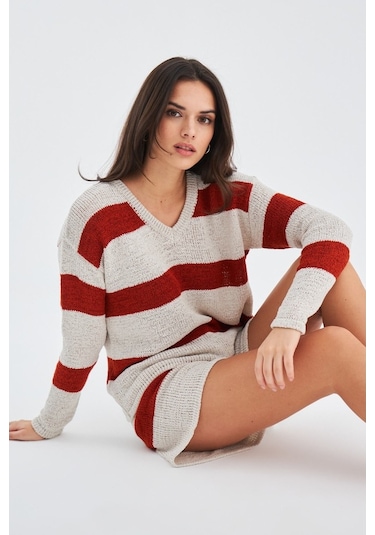 Peraluna Sıena Blouse & Shorts Çizgili Uzun Kollu Kadın Triko Şor Krem