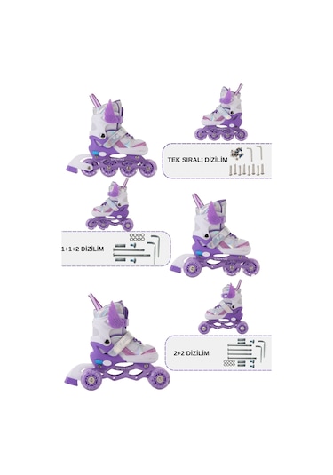 Melek Kanatlı Işıklı Çocuk Pateni Silikon Teker Ayarlanabilir Paten Taşıma Çantalı Lila Lila Mor