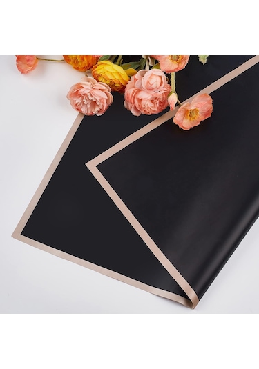 Çiçek Ambalaj Kağıdı - Siyah - Altın Kenarlı - Mat Opp 58x58 Cm -