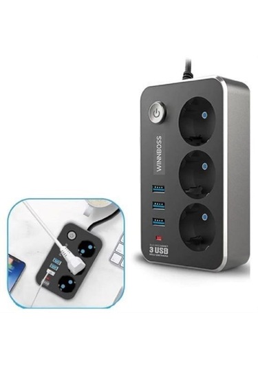 Isıya Dayanıklı Termal Akım Korumalı 2 Mt 10a 2500w 3lü Priz Ve 3 Usbi 21a Uzatma Kablosu 2 M