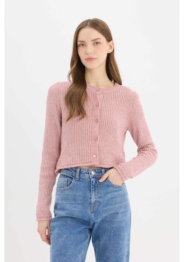 DeFacto Slim Fit Dar Kesim Bisiklet Yaka Düğmeli Triko Hırka E4613AX25SPPN81 Pembe