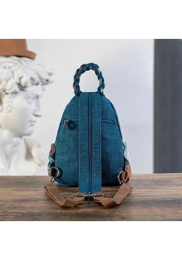 Fochsia Bohemian Mavi Çiçek Desenli Crossbody Sırt Çantası Ayarlanabilir Askı Çok Bölmeli Mavi