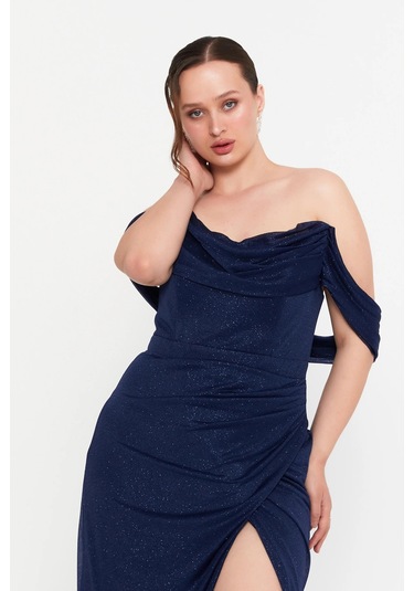 Doridorca Kadın Büyük Beden Düşük Kollu Uzun Abiye Elbise 6149 Lacivert Lacivert