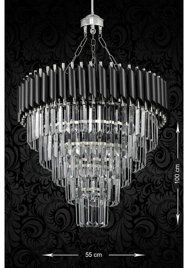 Palmira 55 Cm'lik Kristal Taşlı Lüks Avize 5'li - Siyah-krom Siyah