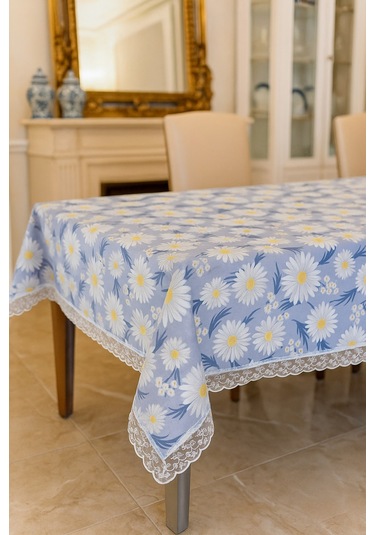 Açık Mavi Papatyalı Masa Örtüsü Su Geçirmez, Silinebilir Şık Dikdörtgen Model Mavi