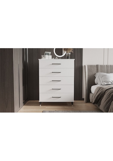 Şifonyer Beş Çekmeceli Aynalı Parlak Beyaz Beyaz