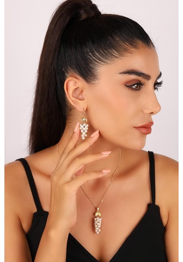 Kadın Üzümlü Doğal İnci Küpe Kolye Yüzük Üçlü Set 20 / Rose Gümüş