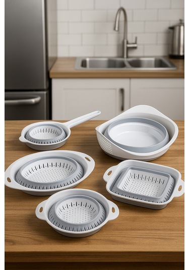 5'li Akordiyon Süzgeç Seti - Pirinç, Oval, Yuvarlak, Saplı, Kare Süzgeç - Katlanır Süzgeç Seti Beyaz - Gri