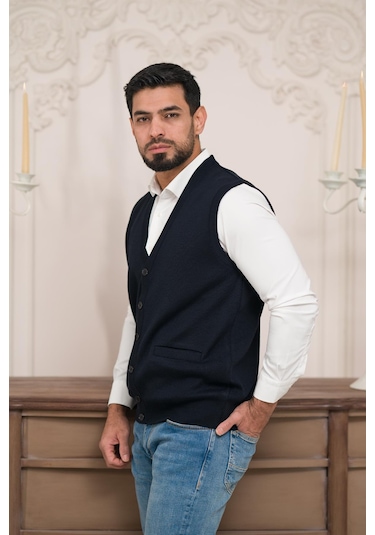 Woolen World Regular Fit Ön Cepli Kolsuz Erkek Triko Yelek Lacivert