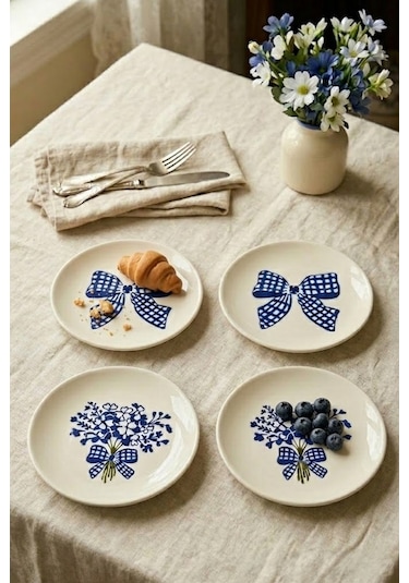 Blue Gift 4 Lü Çiçek Desenli Seramik Tatlı Tabağı 16 Cm Pasta Kahvaltı Sunum Tabak Seti Beyaz
