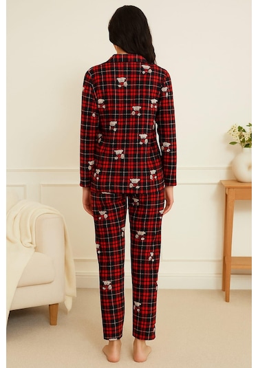 Kadın 6450 Önden Düğemli Süet Uzun Kol Pijama Takımı Lacivert-kırmızı Lacivert-kırmızı