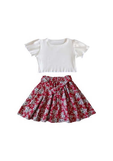 Çocuk Etekli Crop Takım, Çiçekli Koyu Kırmızı Etek - Ekru Crop Ekru-kkırmızı Ekru - Kırmızı