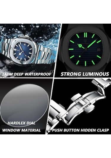 Yingfu 2025 Yeni Lüks Mavi Paslanmaz Erkek Saat, İş Su Geçirmez, Aydınlık Tarih, Kare Kuvars Mavi