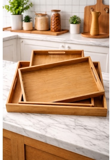 Makri Home 3'lü Dikdörtgen Bambu Tepsi Seti, Büyük: 29 X 41 Cm, Orta: 26 X 37 Cm, Küçük: 23 X 33 Cm Sarı