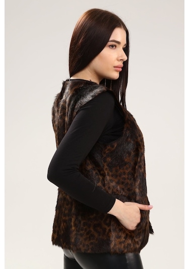 Leatinn Leopar Desenli Kadın Deri Yelek Çok Renkli