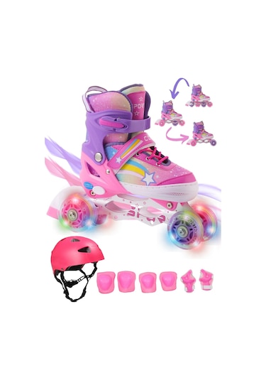 Yıldız Gökkuşağı Işıklı Kız Çocuk Pateni Kask Ve Dizlik Seti Silikon Teker Ayarlanabilir Taşıma Pembe