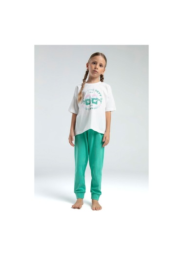 Toontoy Kız Çocuk Önü Baskılı Pijama Takım 14098 Yeşil