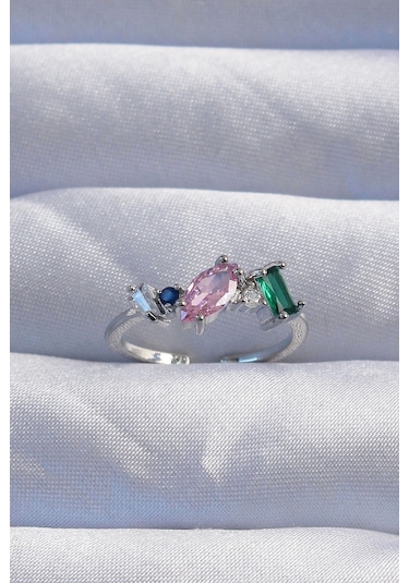 Pirinç Gümüş Renk Renkli Zirkon Taşlı Ayarlanabilir Yüzük Çok Renkli