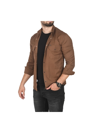 Deepsea Erkek Kahve Büyük Beden Pamuklu Likralı Spor Gömlek Dar Kalıp, Çıt Çıt Kapamalı 2500423 Kahve