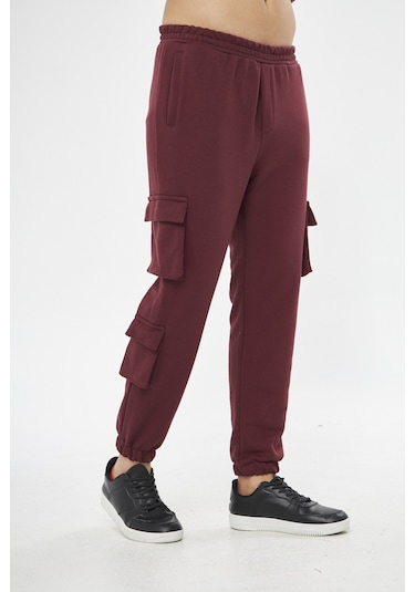 Unisex Bordo 3 Iplik Jogger Rahat Kalıp Kargo Cepli Eşofman Altı Bordo