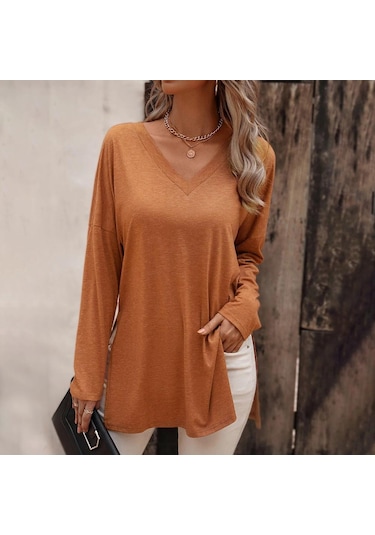 Hnxc Kadın Moda Günlük Yaz Düz Renk Baskı Uzun Kollu V Yaka Bluzlar Ve Gömlekler Turuncu