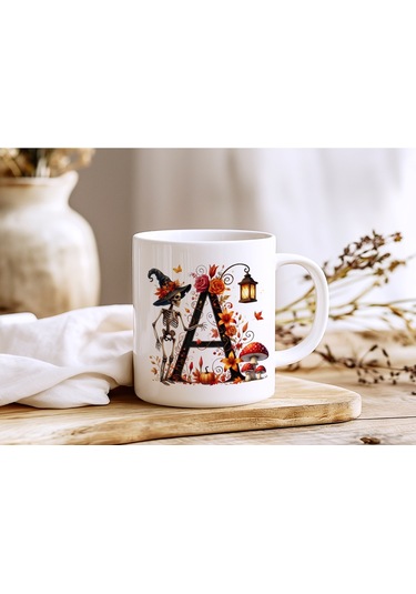 A Harfi Şapkalı İskelet Figürlü Ve Çiçekli Kupa Bardak - Cadılar Bayramı / Halloween Özel Hediye Beyaz