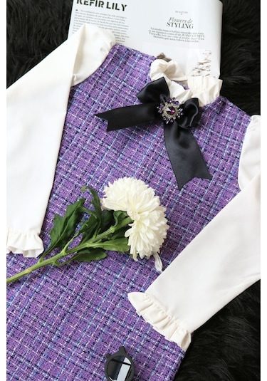 Kız Çocuk Lila Mor Vanessa Broş Detaylı Tüvit Uzun Kollu Yılbaşı Elbisesi