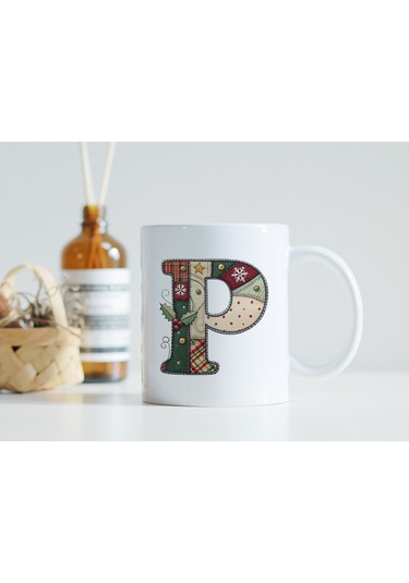 P Harfi Yılbaşı Temalı Kupa Bardak - Yeni Yıl Konsept Yamalı Efekt Tasarım - Noel Hediye Beyaz