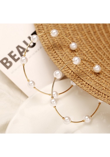 Gelin İnci Halka Küpe Vintage Büyük Yuvarlak Halka Küpe Düğün Gold