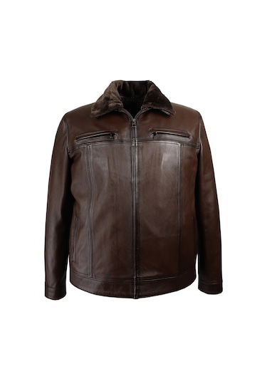 Büyük Beden Kürklü Hakiki Deri Mont Kahverengi B9045 001