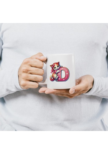 D Harfli Bardak, Sevimli Kedili Pembe Tasarım Bardak, Arkadaşa Aileye Hediye Porselen Beyaz