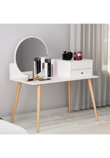 Angel Aynalı Fonksiyonel Makyaj Masası – Çekmeceli ve Gizli Takı Bölmeli, Beyaz