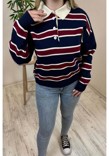 Kadın Lacivert - Bordo Polo Yaka Çizgili Oversize Triko Kazak Lacivert