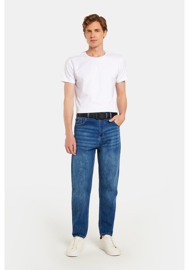 Erkek Relax Fit Geniş Kesim Boru Paça Denim Yıkamalı Taşlamalı Esnek Mavi Jean Kot Pantolon-34490 Mavi