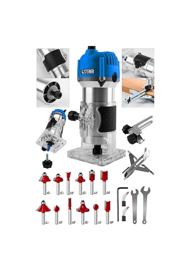 Steiner 3000 Watt 6 Kademe Devir Ayarlı Formika Traşlama Freze Makinesi 6 MM Pens Mavi + Uç 12 Adet