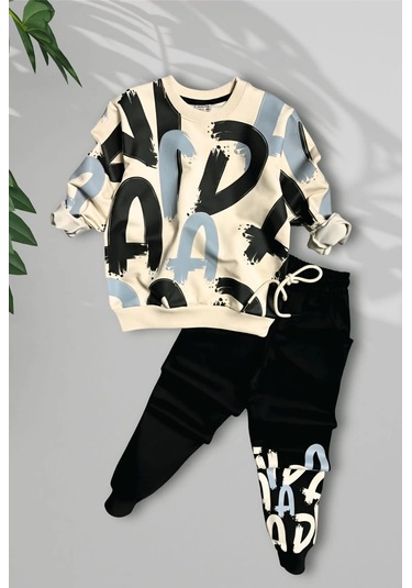 Harf Desenli Siyah Renk Erkek Çocuk Eşofman Takım Siyah