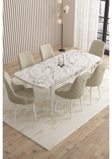 Mazaka Beyaz Mermer 80x132açılabilir Mdf Masa Yemek Odası Takımı,mutfak Takımı 6 Adet Sandalye Krem